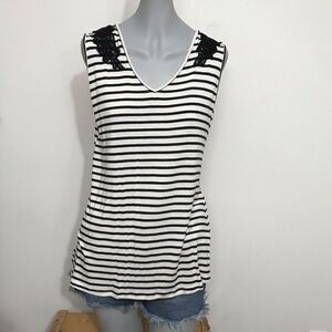 Tart Black White Striped Knit Tank Top Size large embellished lace